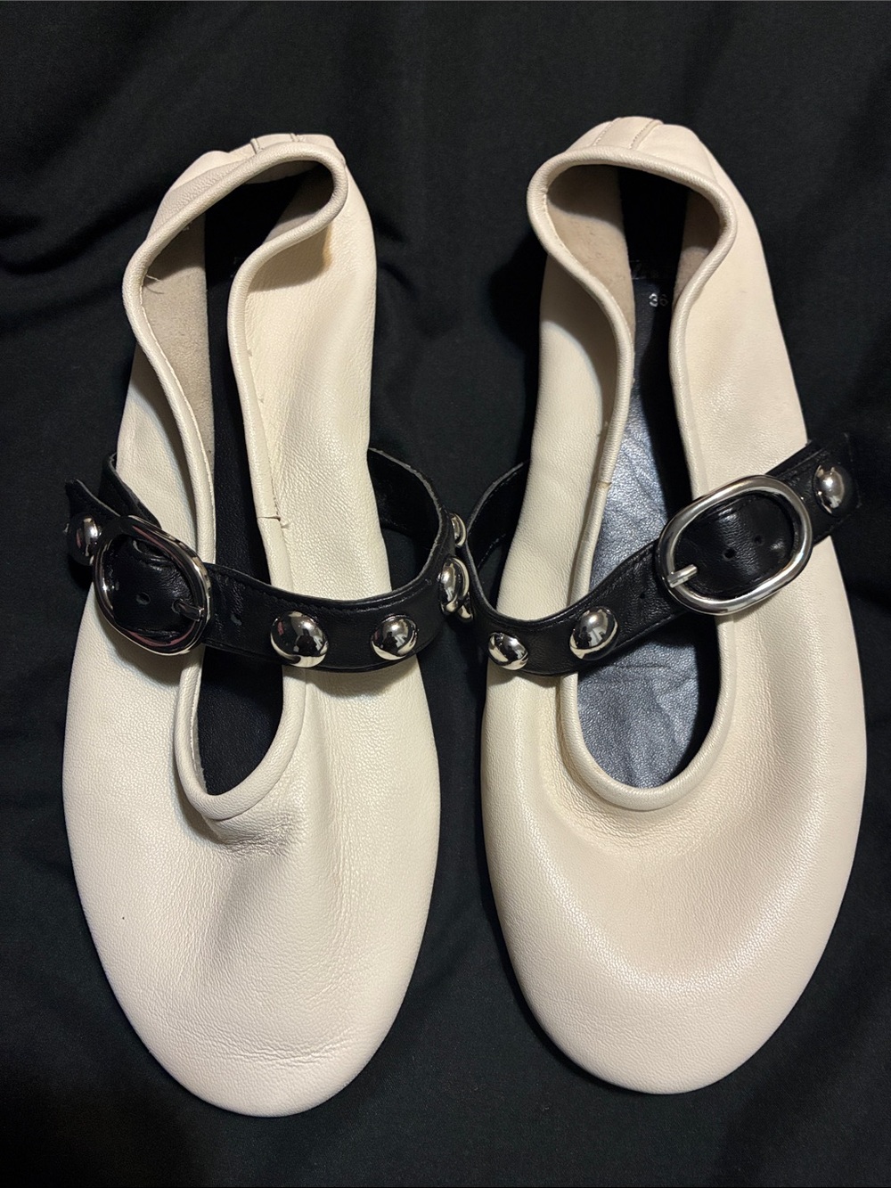 Zara Cream Leather Flats with Black Studded Strap